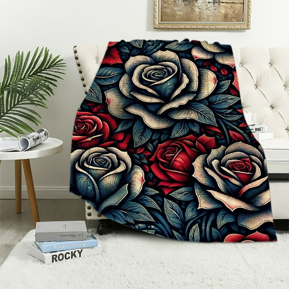EastSmooth Heavy Fleece Blanket, Plush Velvet Korean Style Mink Blanket Queen Size 79"x91", Two Ply Reversible Raschel Blanket - Silky Soft Wrinkle and Fade Resistant Thick Bed Blanket, Black Floral