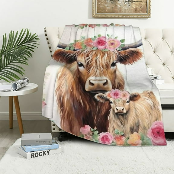 EastSmooth Highland Cow Blanket Warm Lightweight Cute Flower Cow Flannel Throw Blanket Super Soft Blankets Gifts for Girls Kids Adults Couch Travel