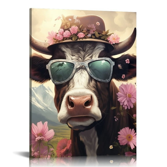 EastSmooth Highland Cow Poster Wearing Sunglasses and Flowers Canvas Wall Art Animal Picture for Nursery Farmhouse Kitchen Room