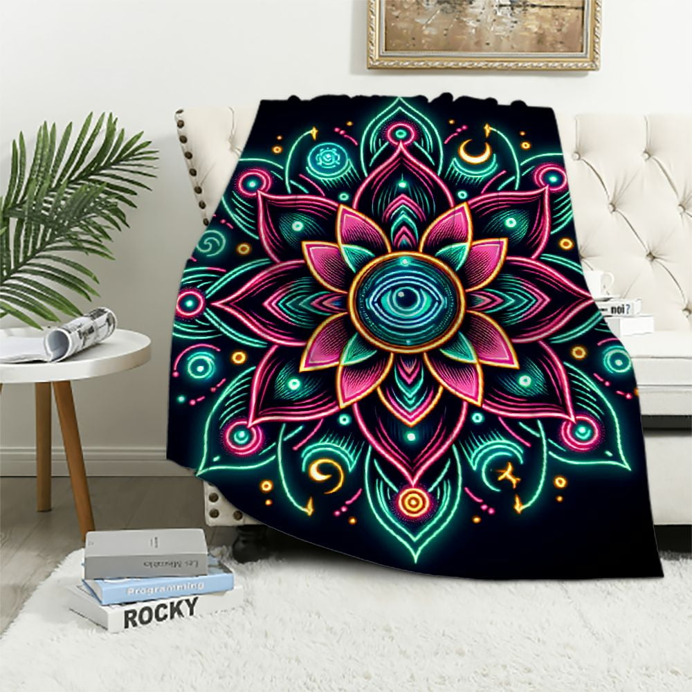 EastSmooth Hippie Lotus Sherpa Blanket Moon Phase Blanket Bohemian Eye Printed Throw Blanket for Chair Pink Purple Blanket Oriental Hamsa Fatima Plush Blanket Teal Floral Room Decorations Walmart