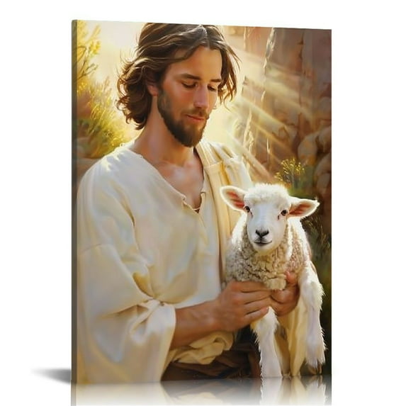 EastSmooth Jesus and Lamb Canvas Wall Art, Jesus and Lost Sheep Christian Pictures Wall Art, Lamb of God Christian Wall Art Decor for Living Room, Framed Religious Wall Art Prints Christian Posters