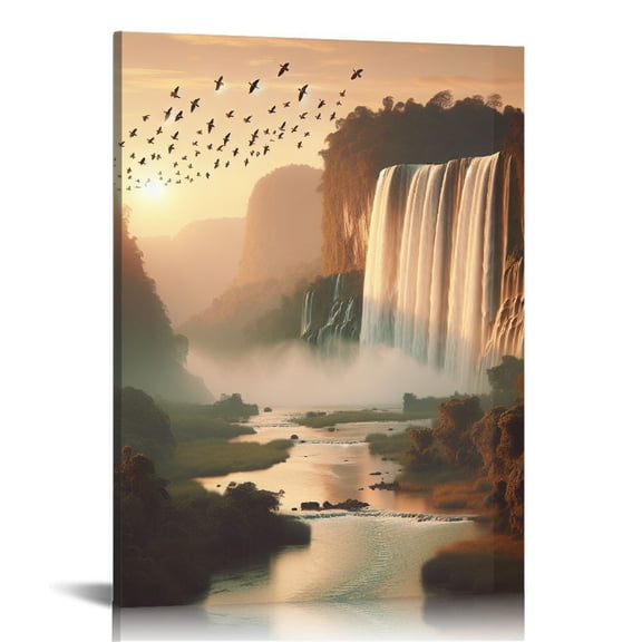 QCPP - Landscape Canvas Wall Art for Home Decor Blue Waterfall Sunset The Picture Print On Canvas Seascape Wall Decor for Living Room,Ready to Hang