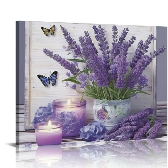 EastSmooth Lavender Canvas Wall Art Country Lavender Flower Butterfly Candle Wall Decor Purple Floral Farmhouse Pictures Painting Prints Framed Artwork Decor for Bathroom Bedroom Living Room