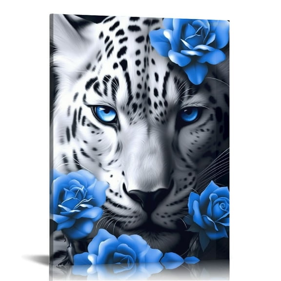 EastSmooth Leopard Framed Canvas Wall Art Blue Eyes and Blue Roses Wall Decor Captivating Close-up of Leopard's Face Perfect Modern Home Decor for Living Room Home Bedroom