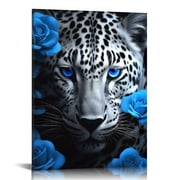EastSmooth Leopard Framed Canvas Wall Art Blue Eyes and Blue Roses Wall Decor Captivating Close-up of Leopards Face Perfect Modern Home Decor for Living Room Home Bedroom Decoration