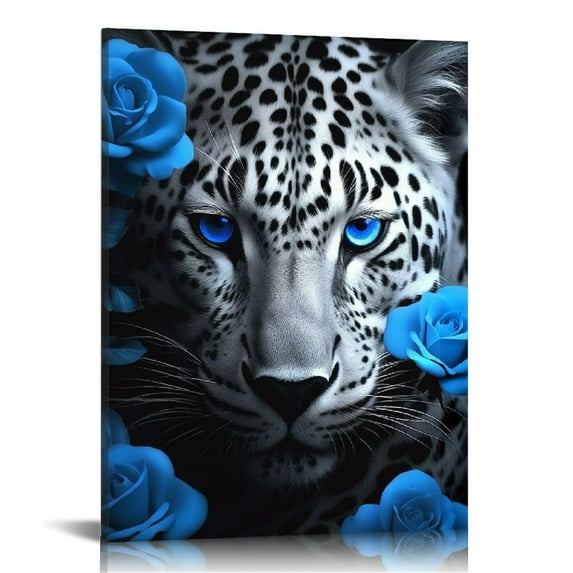 EastSmooth Leopard Framed Canvas Wall Art Blue Eyes and Blue Roses Wall Decor Captivating Close-up of Leopard's Face Perfect Modern Home Decor for Living Room Home Bedroom Decoration