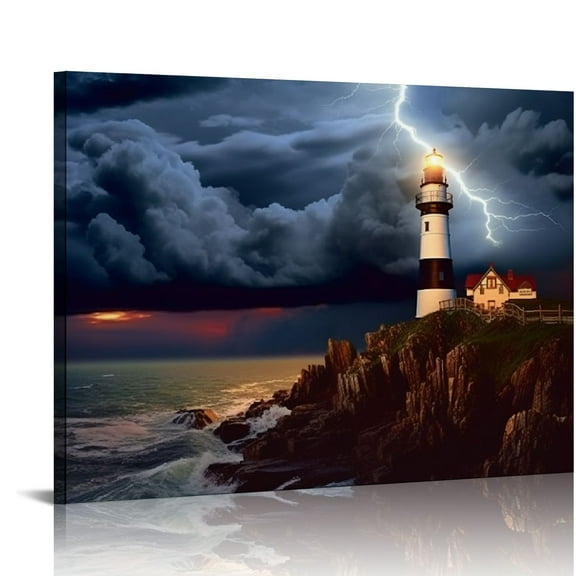 EastSmooth Lighthouse Wall Art Storm Sea Ocean Painting Seascape Pictures Nature Lightning Artwork Coastal Beach View Canvas Prints Home Office Bedroom Bathroom Decor