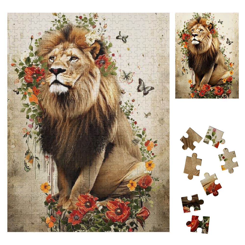 QCPP Lion Flowers Butterflies Wooden Jigsaw Puzzle Vertical Style ...