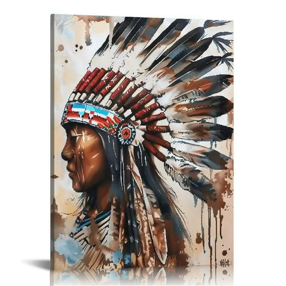 EastSmooth Native American Wall Art Feather Headdress Canvas Prints Tribal Theme Poster Vintage Artwork for Home Decor Framed 12x16 in