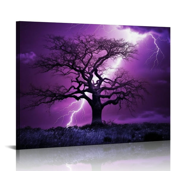 EastSmooth  Natural Landscape Canvas Wall Art Big Tree with Lightning Strikes Picture Artwork Purple Forest Painting for Home Office Living Room Decor Framed Ready to Hang