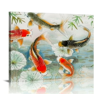 Koi Fish Painting 9 Koi Feng Shui Wall Art Gray Red Fish Green Lotus Leaf  Framed Wall Art Acrylic Painting on Canvas Large Oil Painting 
