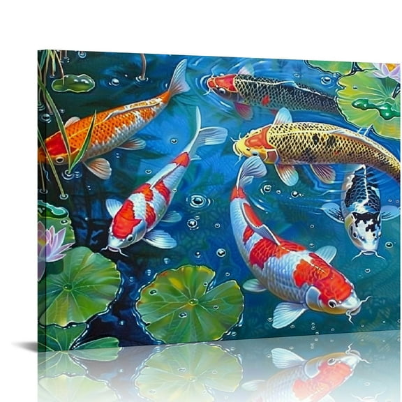 EastSmooth Nine Koi Fish Feng Shui Carp Lotus Pond Pictures Abstract Canvas Wall Art for Living Room Modern Home Decor (Framed-Ready to Hang)