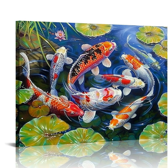 EastSmooth Nine Koi Fish Feng Shui Carp Lotus Pond Pictures Abstract Canvas Wall Art for Living Room Modern Home Decor