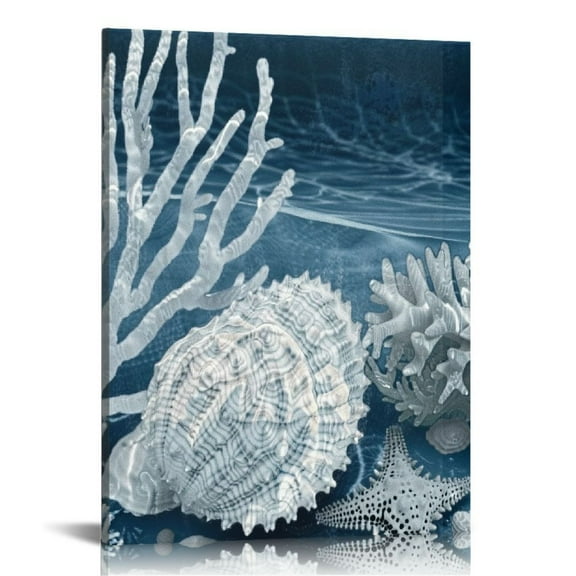 EastSmooth Ocean Theme Canvas Wall Art Beach Coastal Shell Starfish Coral Navy Blue and White Nautical Picture for Bathroom Home Decoe Ready to Hang (Navy)