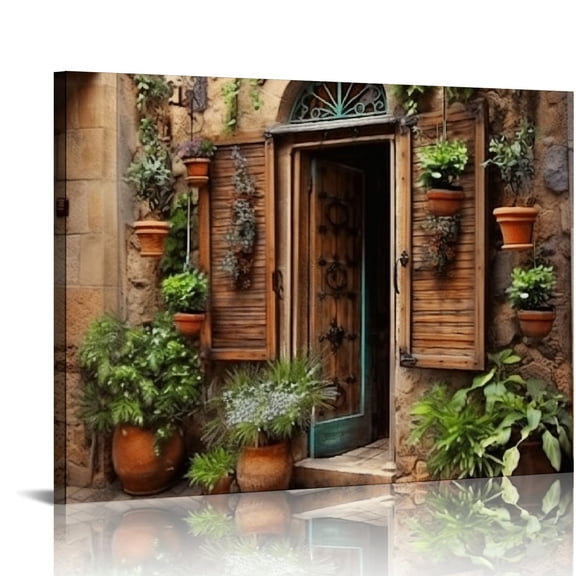 EastSmooth  Old Mediterranean Town Street Pictures Painting Vintage Charming Italian Rural Village Canvas Wall Art Framed for Living Room Bedroom Decor