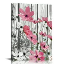EastSmooth Pink Floral Canvas Wall Art Funny Country Pink and Grey Flower on Wood Wall Art for Living Room, Rustic Vintage Framed Abstract for Bedroom Bathroom Decor 12x16 in