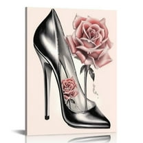 EastSmooth Pink Leopard Print Fashion Canvas Wall Art Flower Makeup High Heels Artwork for Women Girls Room Living Room Decor Stretched and Framed Ready to Hang