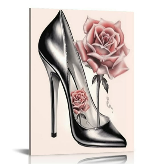 EastSmooth  Pink Leopard Print Fashion Canvas Wall Art Flower Makeup High Heels Artwork for Women Girls Room Living Room Decor Stretched and Framed Ready to Hang