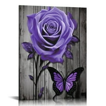 EastSmooth Purple Flower Canvas Wall Art for Bathroom Purple Rose Poster Prints Rustic Purple Flowers Painting for Kithcen Home Decor Purple Rose Flowers and Butterfly Pictures Flower Poster