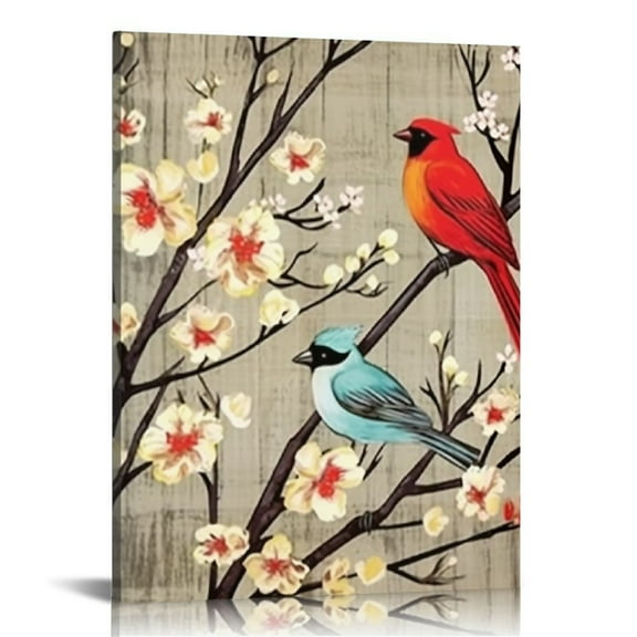 EastSmooth Red Bird Canvas Wall Art Cardinal Birds on Tree Branch with White Flowers Painting Pictures Rustic Christmas Prints Artwork for Living Room Bedroom Wall Decor Framed Ready to Hang