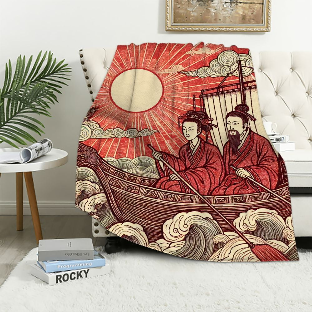 EastSmooth Royal Dynasty Red Chinoiserie Bed Throws Blankets Asian Style Chinoiserie Soft Luxury Flannel Blanket 50x60in Oriental Traditional Chinese Style Soft Warm Blanket for Bed for All Seasons Wa...
