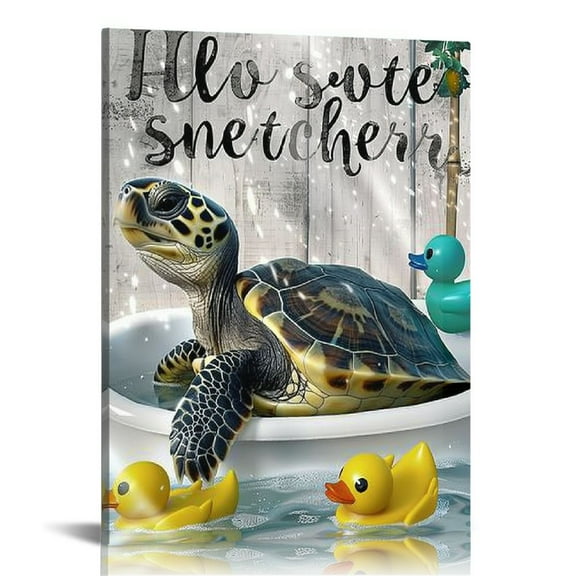 EastSmooth Sea Turtle Bathroom Wall Art Teal Sea Turtle Pictures Funny Sea Turtle in Bathtub Canvas Print Artworks Coastal Beach Themed Ocean Animal Nautical Bathroom Decor 12x16 in