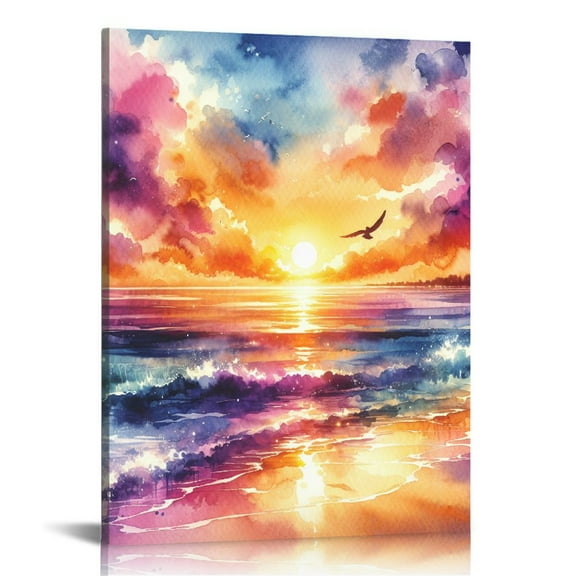 EastSmooth Sunset Beach Canvas Wall Art Abstract Coastal Seaside Landscape Bathroom Wall Decor Watercolor Tropical Nature Ocean Seascape Prints Pictures Artwork for Living Room Decoration