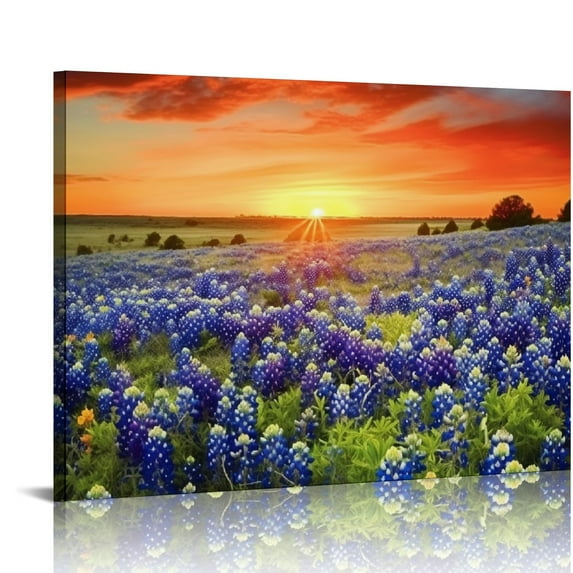 EastSmooth - Texas Sunset Picture Wall Art Beautiful Bluebonnets Field Photo Canvas Painting Natural Landscape Poster Artwork,Extra