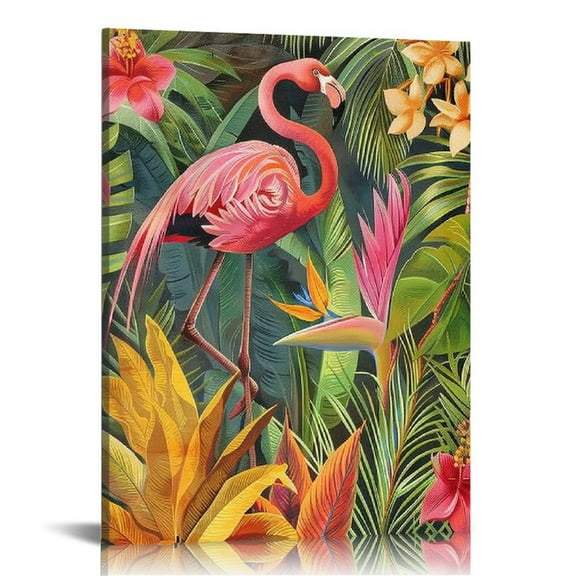 EastSmooth Tropical Flowers Wall Art Flamingo in Bird of Paradise Canvas Pictures Hawaii Theme Painting Wall Decor for Home Aparment Office Ready to Hang