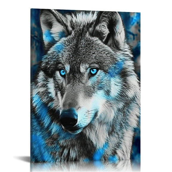 EastSmooth Wildlife Animal Canvas Wall Art Black White Wolf with Blue Eyes Picture Giclee Prints Artwork Framed and Stretched Painting for Modern Home Living Room Office Bedroom Bathroom Decoration