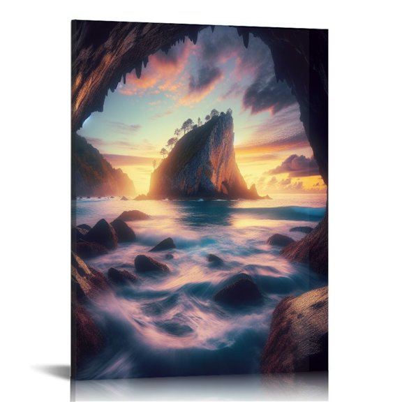 EastSmooth X0750 Wall Art Decor Canvas Print Picture Sunset Over The Rocks in California 1 Panel Sea Ocean Waves Artwork for Office Bedroom Home Decoration Stretched and Framed Ready to Hang
