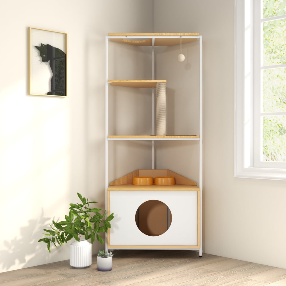 White and Light Oak Corner Cat Tower with Feeding Station