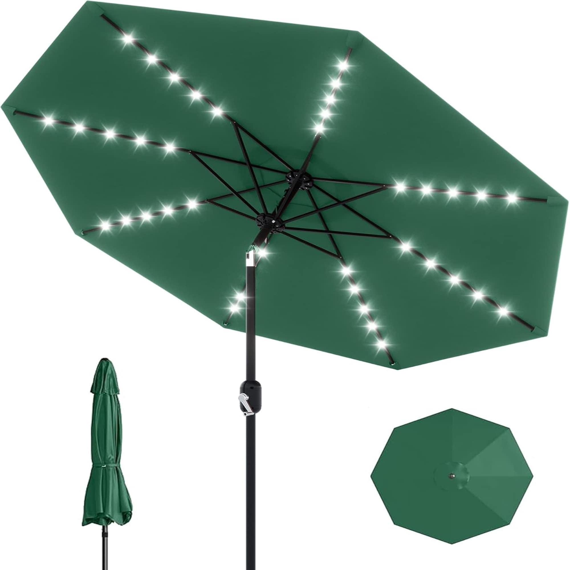 EastVita 10Ft Patio Umbrella with Solar Lights Outdoor Table Umbrella with 40 LED Lights and Tilt Crank Polyester Fabric Dark Green