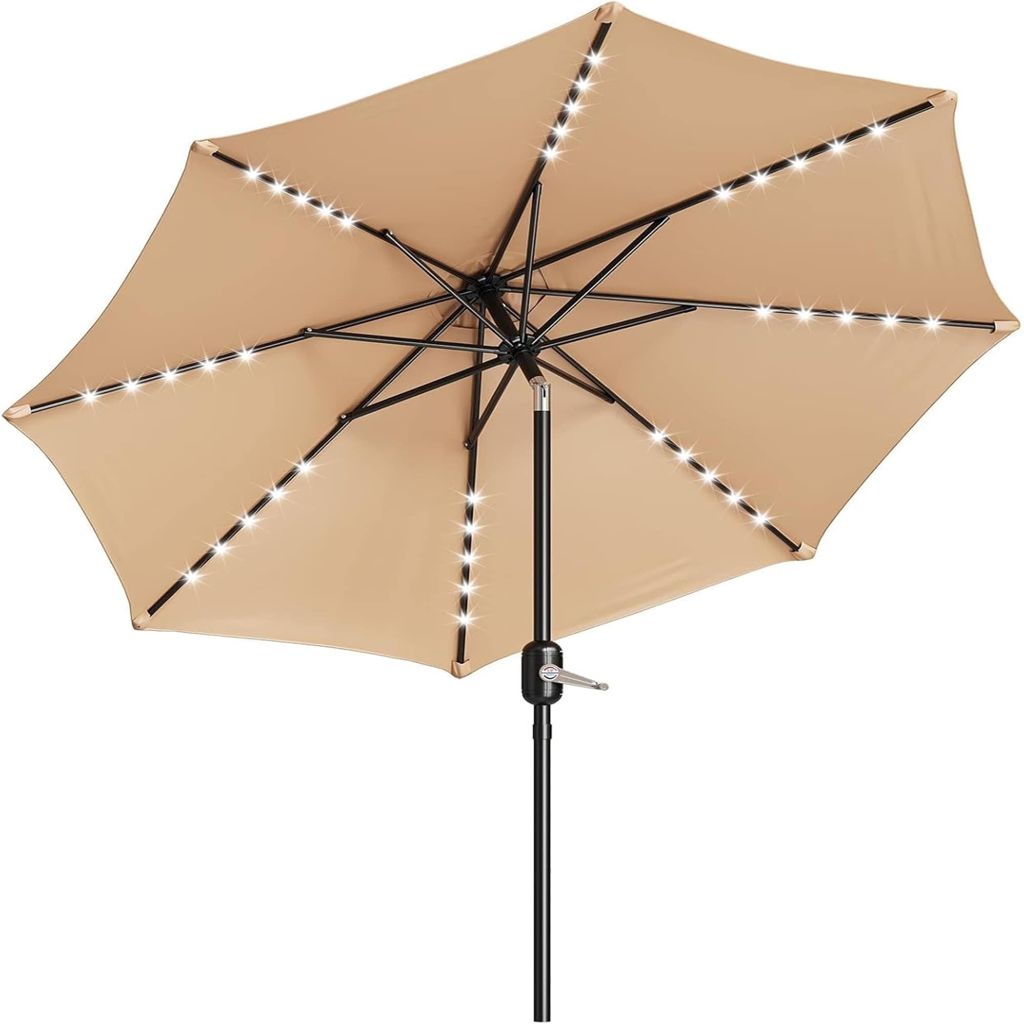 EastVita 10Ft Patio Umbrella with Solar Lights Outdoor Table Umbrella with 40 LED Lights and Tilt Crank Polyester Fabric Tan