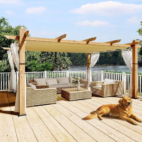 EastVita 10X13 Beige Pergola Retractable Canopy Side Mesh Aluminum Frame Structure for Backyard Garden Deck Patio
