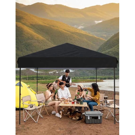 EastVita 10x10 Pop Up Canopy - Outdoor Canopy Tent with Portable Roller Bag - One Button Push Setup, 3 Adjustable Height, 4 Weight Bags, 8 Stakes & 4 Guy Ropes Included, Black