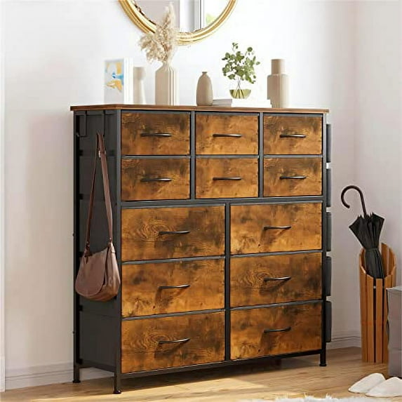 EastVita 12 Dresser Drawer for Bedroom, Chests of Drawers for Hallway, Entryway, Storage Organizer Unit with Fabric, Sturdy Metal Frame, Wood Tabletop