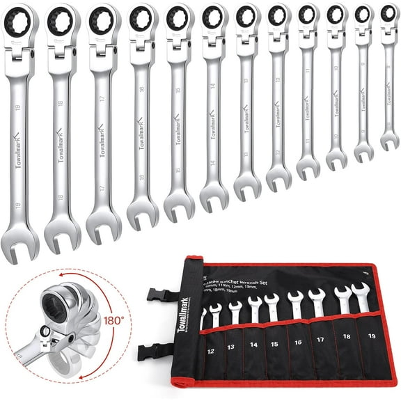 EastVita 12-Piece Flex-Head Ratcheting Wrench Set,Metric 8-19mm,72-Teeth Cr-V Steel Ratchet Wrenches with Storage Bag