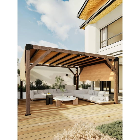 EastVita 12 X 20 Ft Ft Wood Pergola with Retractable Sunshade Canopy Solid Structure Outdoor Pergola for Backyard Deck Garden Reddish-Brown