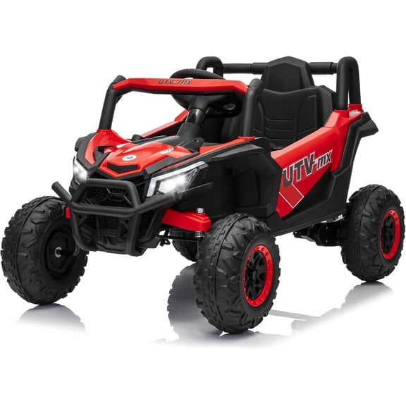 EastVita 12V Kids Ride On Car,UTV Truck with Remote Control,4WD/2WD Switchable,Electric Vehicle with 4 Spring Suspension,EVA Tires,Safety Belt,Double Open Doors Red