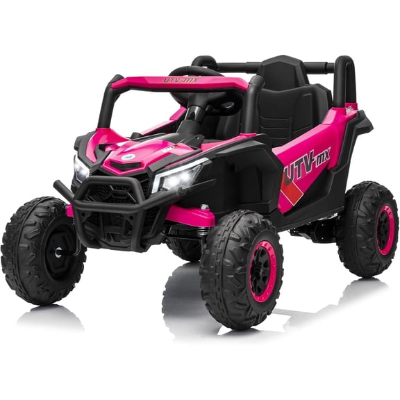 EastVita 12V Kids Ride On Car,UTV Truck with Remote Control,4WD/2WD Switchable,Electric Vehicle with 4 Spring Suspension,EVA Tires,Safety Belt,Double Open Doors Rose Red