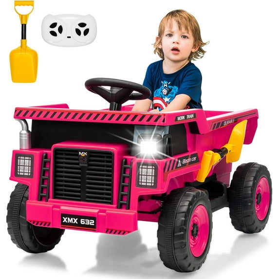 EastVita 12V Kids Ride On Dump Truck with Remote Control Electric Car Toy for Toddlers Ride On Construction Vehicles with Electric Dump Bed,Shovel, LED Lights,Music Rose Red
