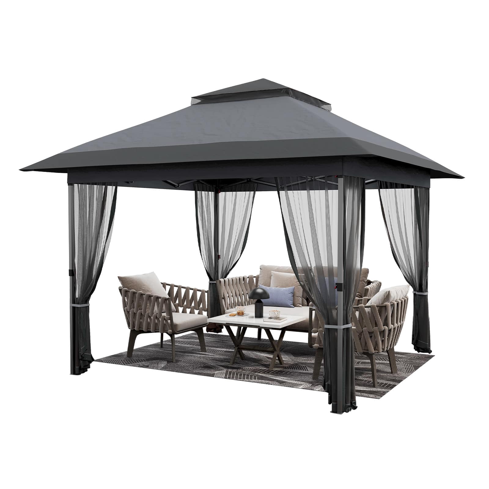 EastVita 12x12 Pop up Gazebo with Mosquito Netting Metal Frame Canopy with Double Roof Outdoor Canopy Tent with Portable Carrying Bag Party Tent for Garden Backyard Lawn-Gray