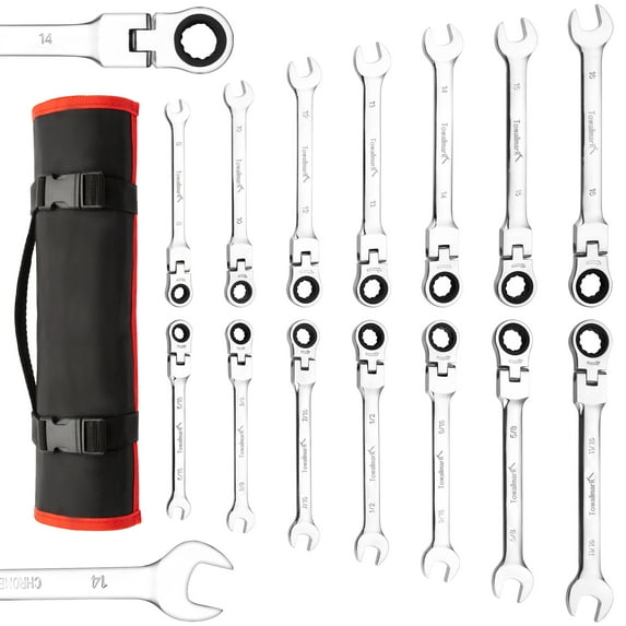 EastVita 14-piece elbow ratchet wrench set, SAE and metric ratchet wrench set, Cr-V construction, chrome vanadium steel wrench set, with roll-up storage bag