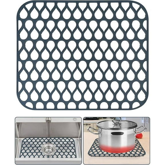 EastVita 14" x 12" Non-Slip Heat Resistant Silicone Sink Protector Mat for Stainless Steel, Folding Farmhouse Rear Drain Sink Mats, Grey