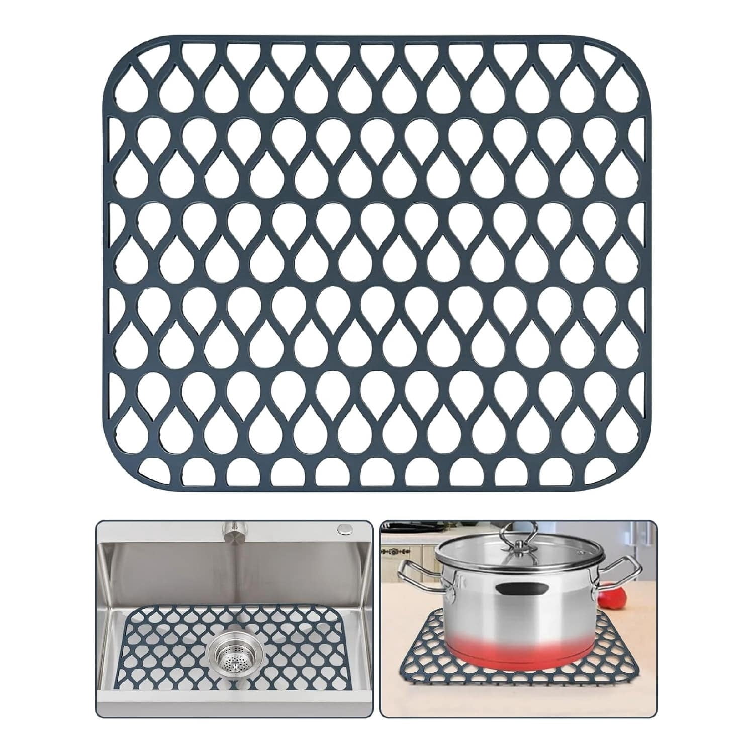 EastVita 14 x 12in Non-Slip Heat Resistant Silicone Sink Protector Mat for Stainless Steel Folding Farmhouse Rear Drain Sink Mats Grey