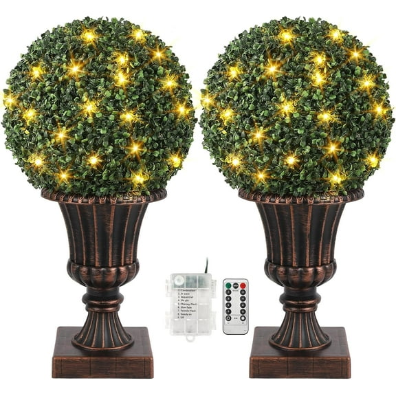 EastVita 16 Inch Pre-Lit Faux Boxwood Balls with Sturdy Pot Base, Artificial Topiary Trees 2 Pack for Outdoor, UV Resistant & Waterproof Fake Greenery Ball Tree