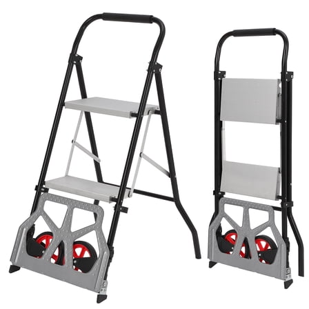 EastVita 2-in-1 Hand Truck 2-Step Ladder,220 LBS Load Capacity Folding Hand Truck Dolly with 2 Wheels,Portable Step Stool with Extra Wide Non-Slip Pedal
