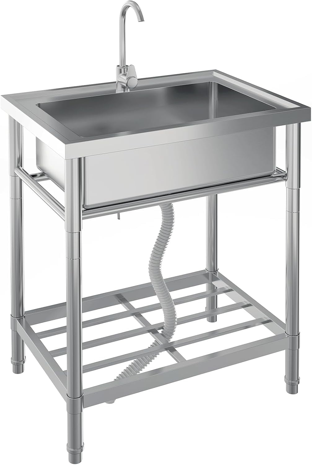EastVita 24" Stainless Steel Free Standing Single Bowl Utility Sink with Hot/Cold Water Pipe, Kitchen Sink with Faucet, Legs, Storage Rack