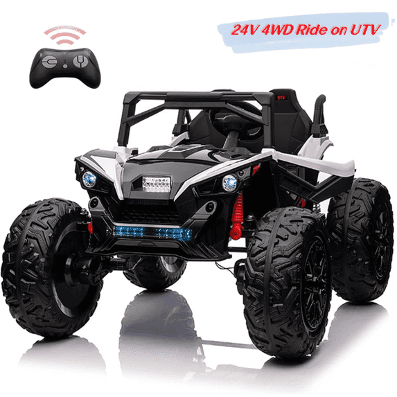 EastVita 24V Ride on Car with ,Extra Large 2 Seat 20.5" Wide Ride on Toys UTV, 4WD Power EVA Wheels Vehicle Metal Suspension,LED Lights,Mp3 ,Horn,White